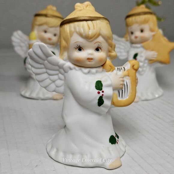 Vtg Trio of 3 Praying Angels Wings Holly Porcelain Harp Candle Star Taiwan 4”H - Picture 3 of 9